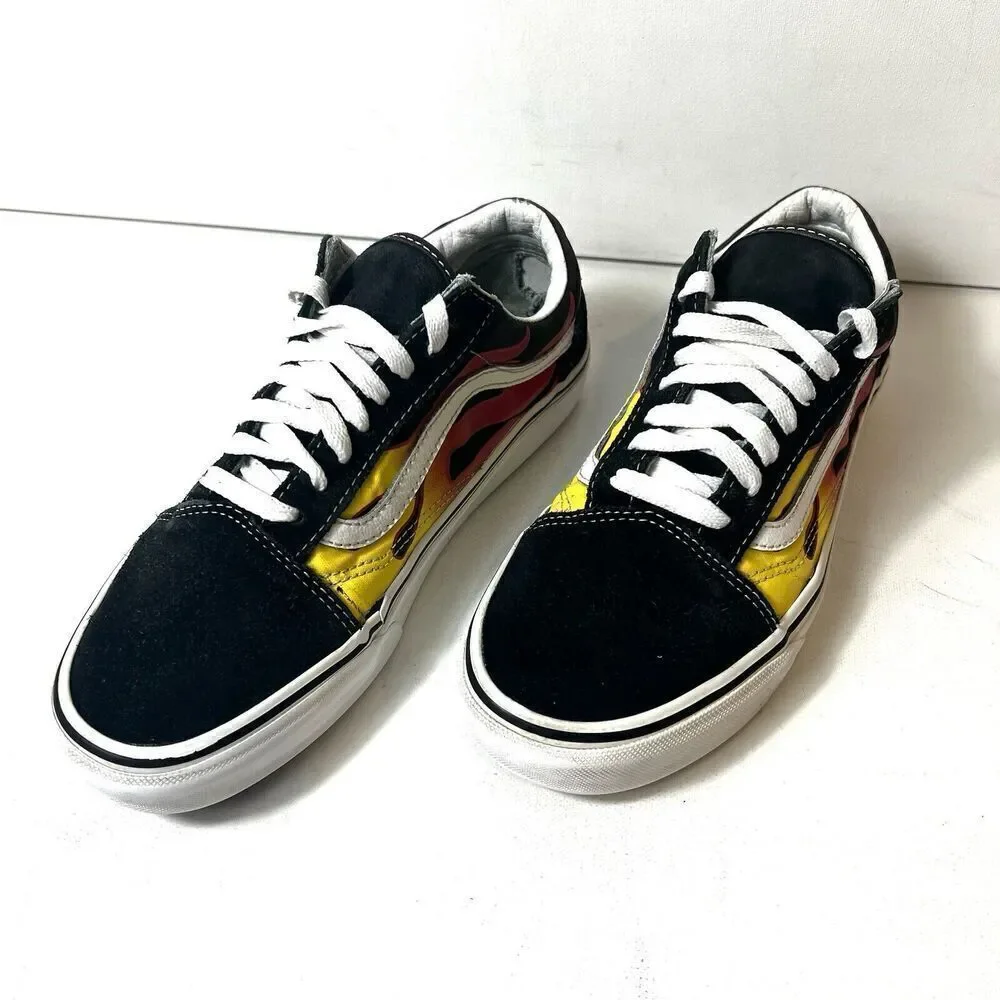Vans Old Skool Flames Mens 7 Black Suede Canvas sneaker Shoes Lace Up Womens 8.5